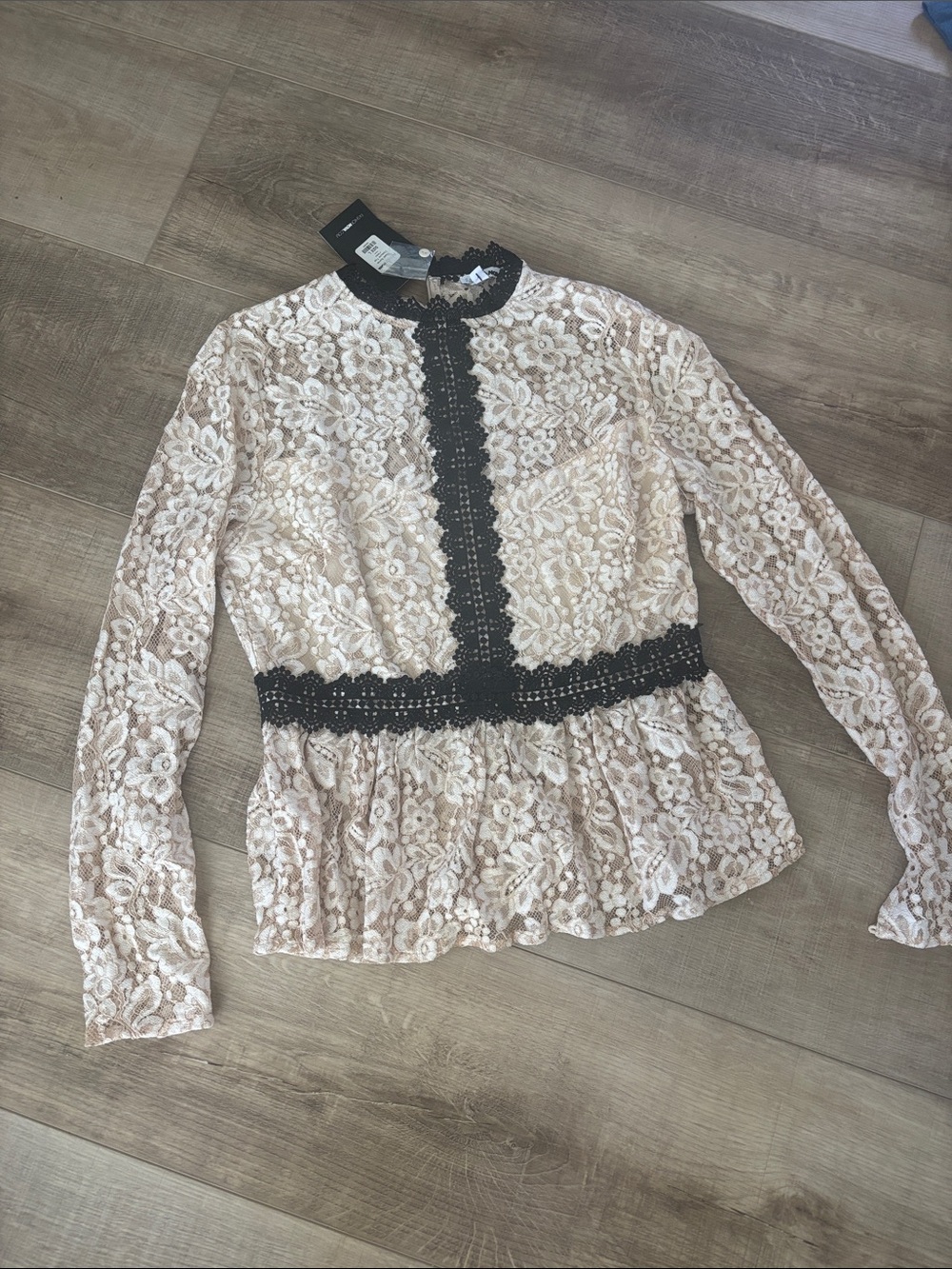 Fashion Nova Cream Lace Peplum Blouse with Black Trim